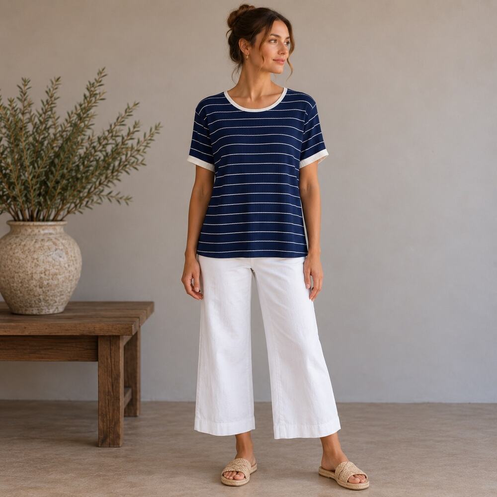 Postmark Navy White  Ribbed Knit Short Sleeve Scoop Neck  Top Medium